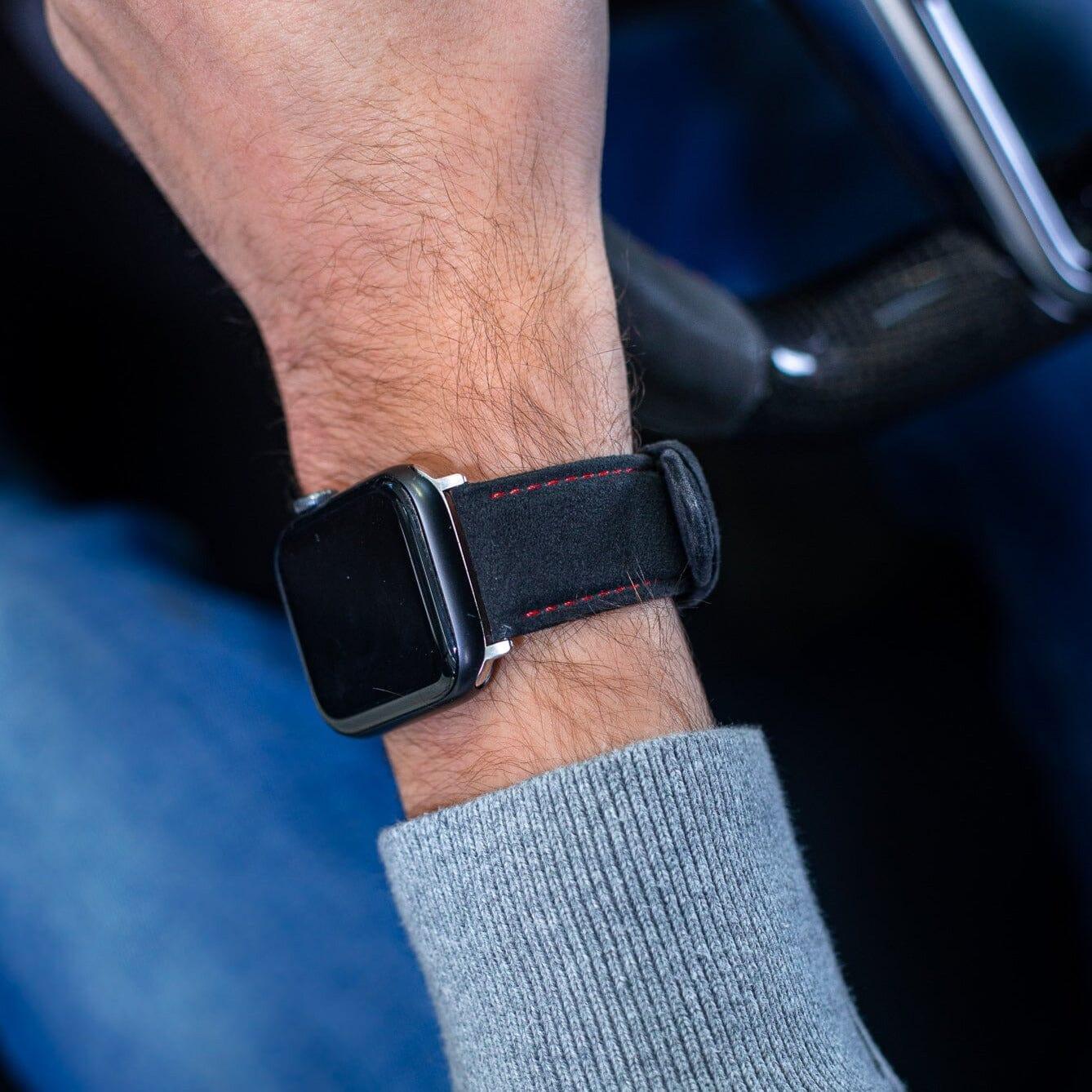 Alcantara Apple Watch Band With Buckle - Space Grey With Red Stitching - 38/40/41mm - Alcanside