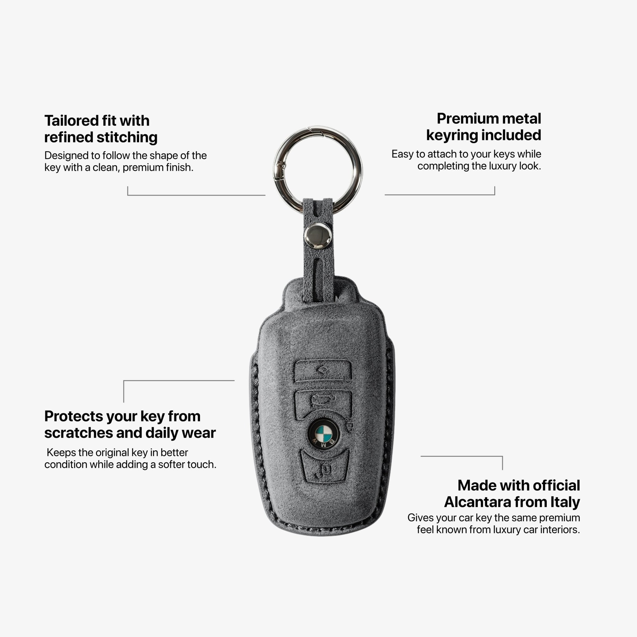 Alcantara Car Key Fob Cover for BMW Model A with Buckle - Space Grey - Alcanside