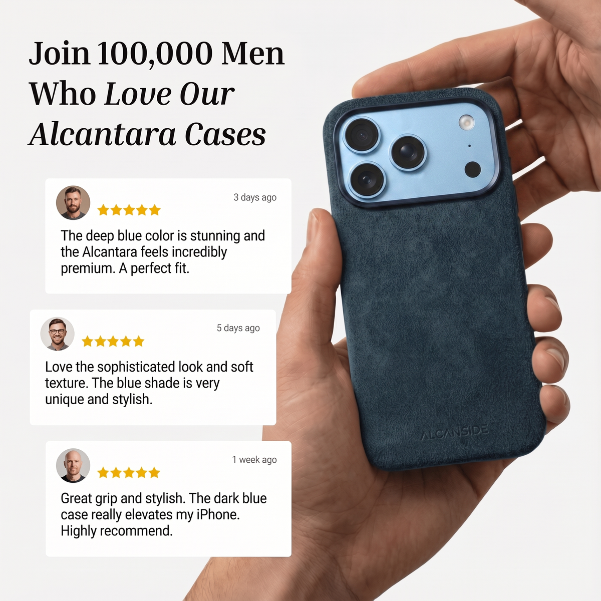 Customer reviews of the Navy Blue Alcantara iPhone 18 Pro Max case