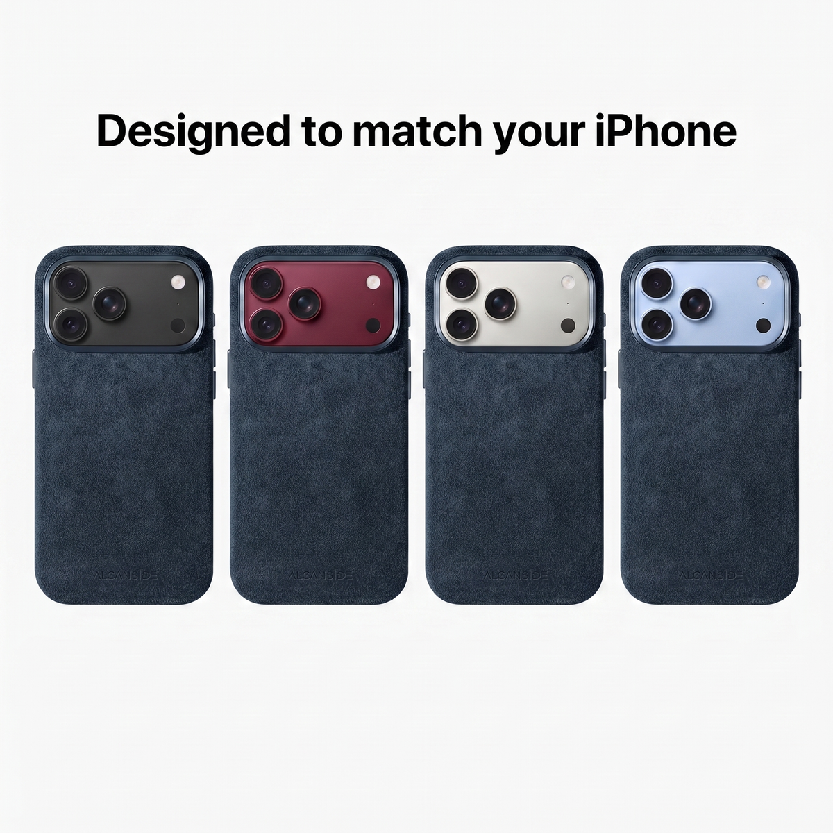 Navy Blue Alcantara cases designed to match every iPhone 18 colour