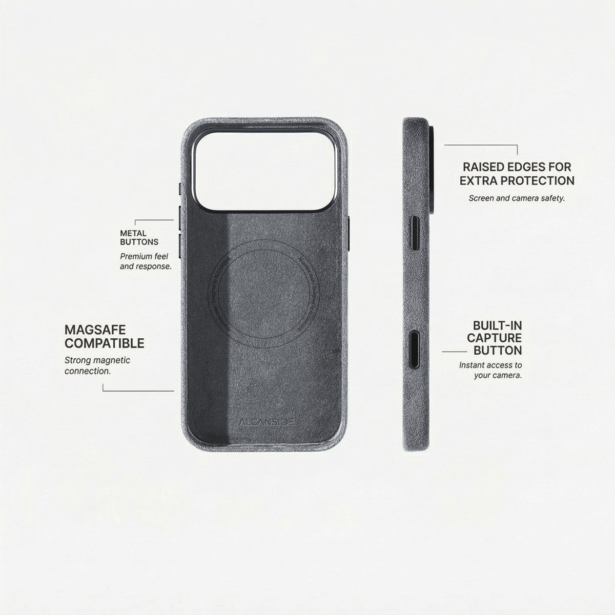 Alcantara iPhone 18 Pro case with MagSafe and metal buttons