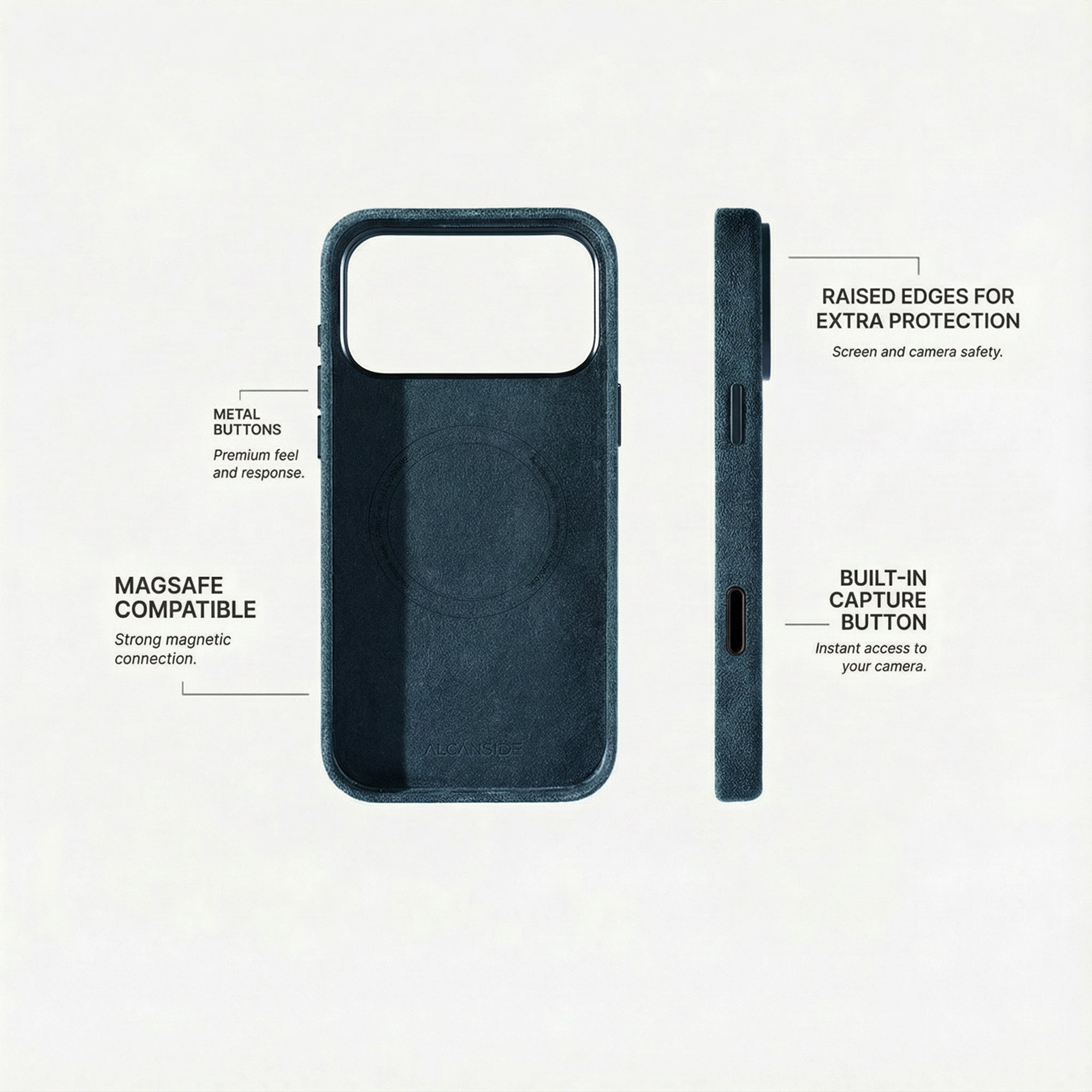 Alcantara iPhone 18 Pro Max case with MagSafe and metal buttons