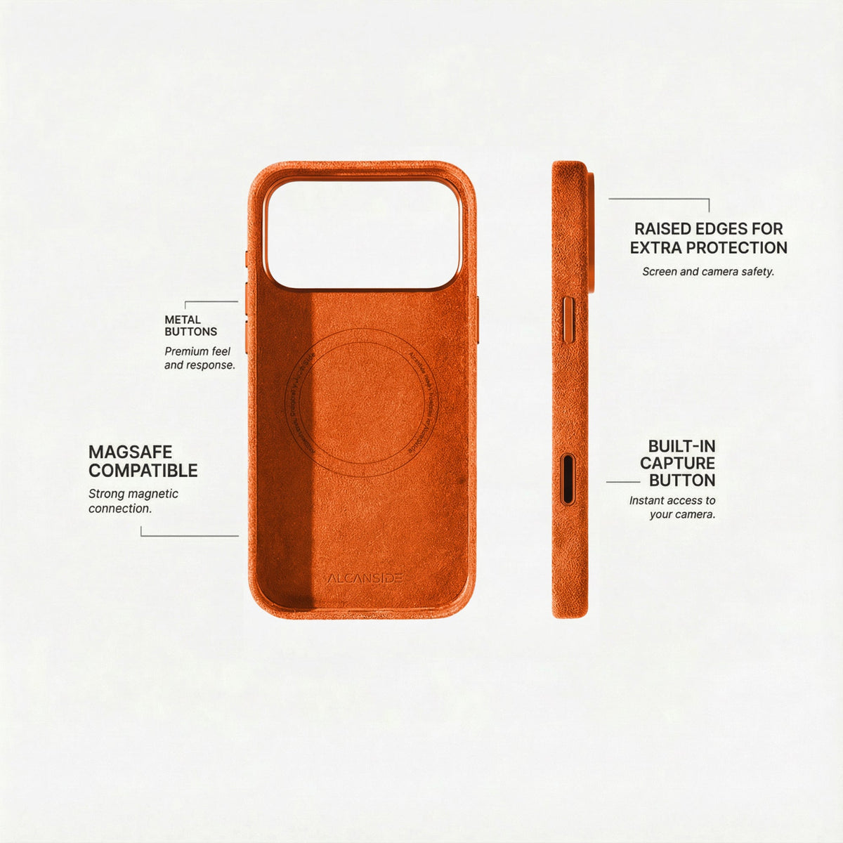 Alcantara iPhone 18 Pro Max case with MagSafe and metal buttons